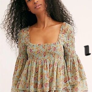 Free People Floral Tiered Blouse in Green and Red